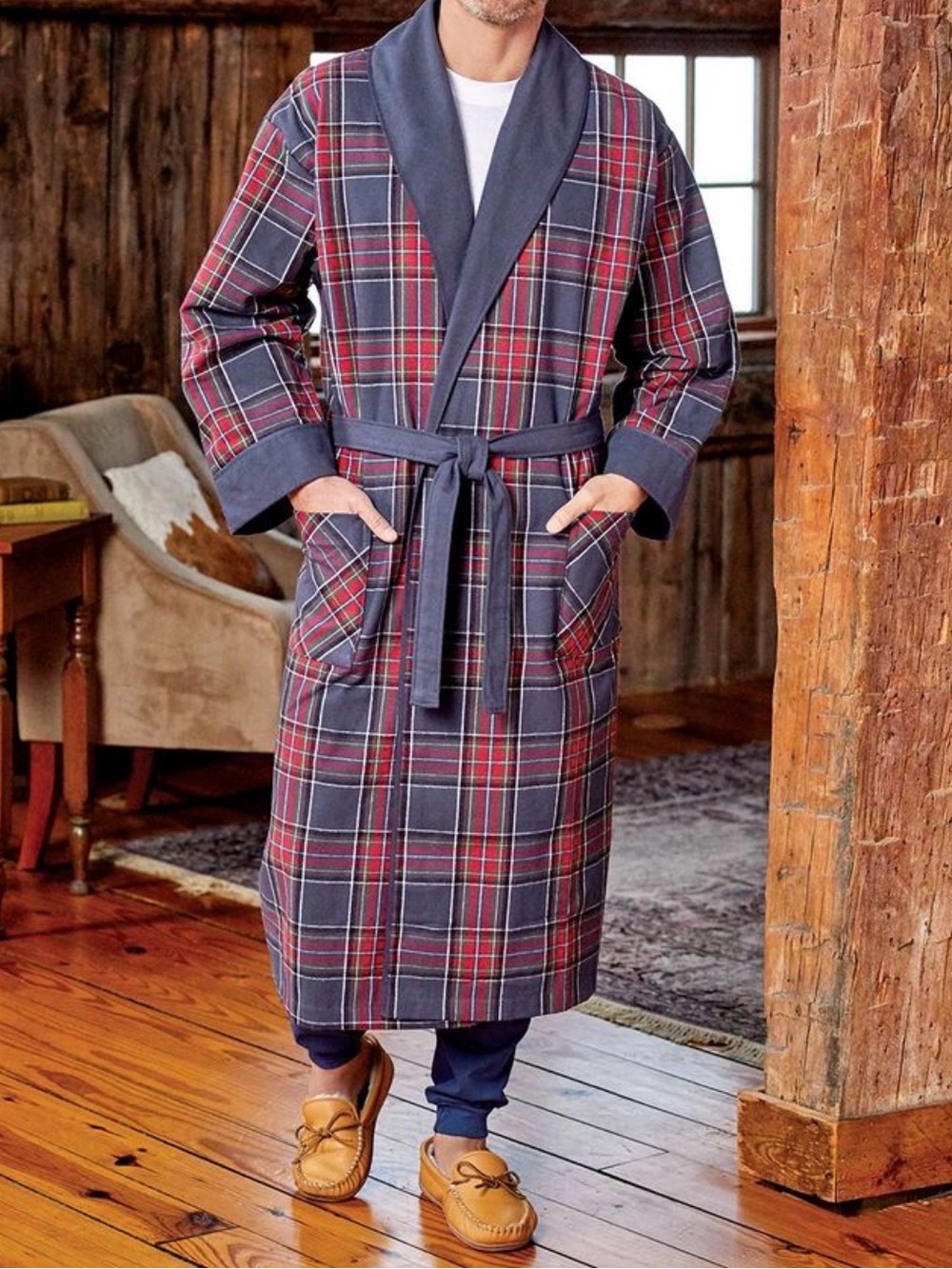 The Vermont Country Store Heavy Plaid Flannel Robe with Belt XL
